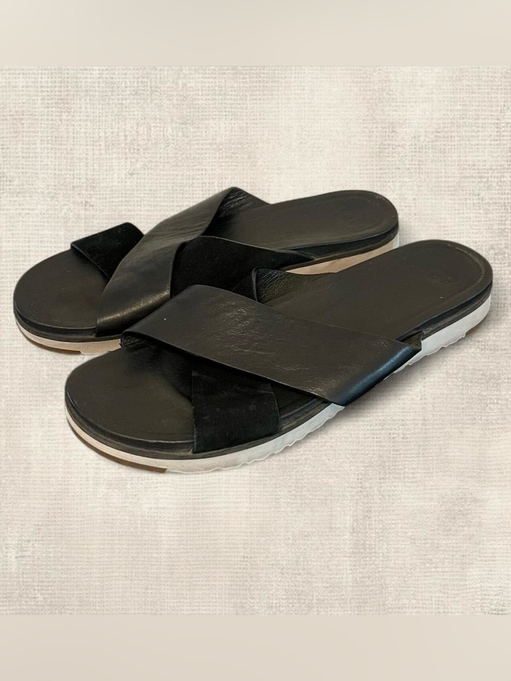 UGG Black Leather and Suede Crisscross Slide Sandals Size 9 Cozy, Comfortable